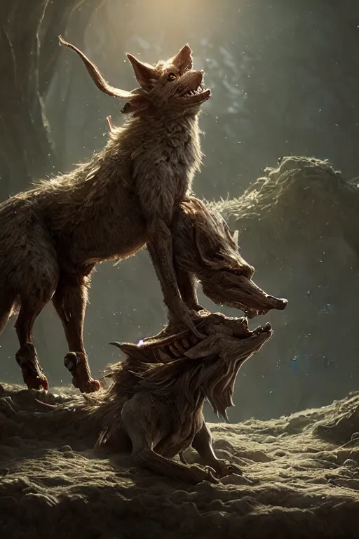 Prompt: goblin riding a wolf, intricate, ethereal, by wlop, hyper detailed, weta digital, ray trace, unreal engine, trending on artist, beautifully lit, cinematic, soft light, photorealistic, volumetric, realistic, glossy, 8 k post - production, masterpiece, luxury, smooth