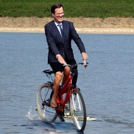 Image similar to mark rutte riding bicycle on water