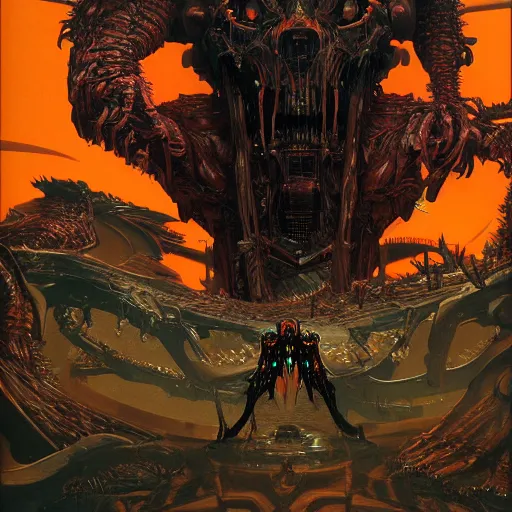 Image similar to a epic boss made by metal, cyberpunk style, super complex and instruct, epic stunning atmosphere, hi - tech synthetic rna bioweapon nanotech demonic monster horror by syd mead, michael whelan, jean leon gerome, junji ito