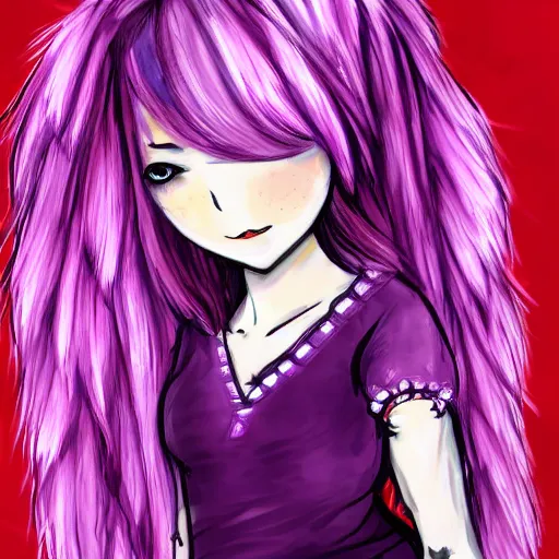 Prompt: little girl with eccentric pink hair wearing a dress mada of purple feather, art by dcwj