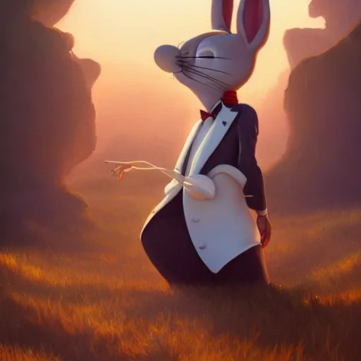 Prompt: bugs bunny cosplay salvador dali, art by wgreg rutkowski. during golden hour. extremely detailed.