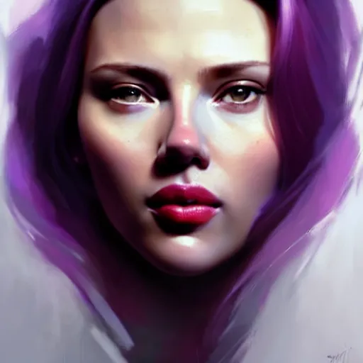 Prompt: portrait of seductive scarlett johanson, purple hair, attractive features, slight smile, highly detailed, digital painting, artstation, concept art, sharp focus, illustration, art by WLOP and greg rutkowski and alphonse mucha and artgerm
