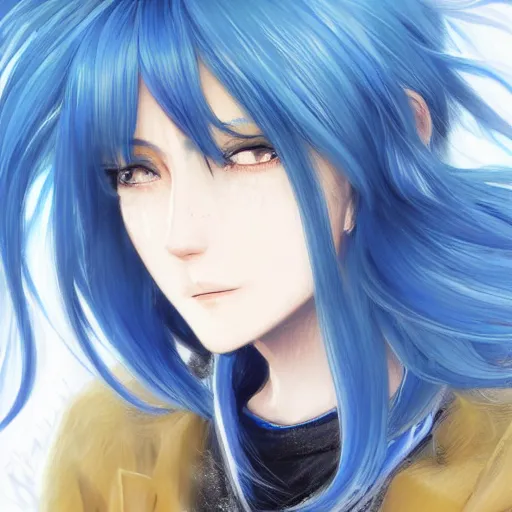 Image similar to side profile of rimuru tempest with sky blue hair, long hair, blue eyebrows, blue eyelashes, gold eyes, high collar, black jacket | shiny, highly detailed, rain, professional digital painting, concept art, award - winning photography, cinematic, wlop | art by pixiv art, yoshitaka amano, deviantart