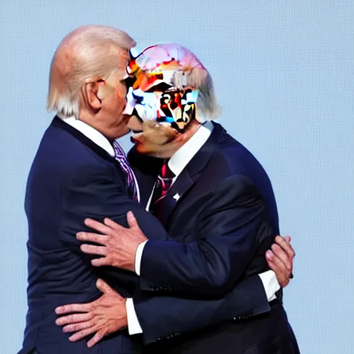 Prompt: Donald trump embracing Joe Biden, intimate, hyper realistic, kissing, 4k, 8k