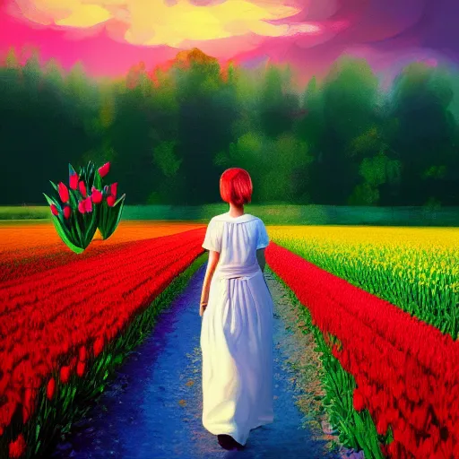 Image similar to large tulip as a face, girl walking in a flower field, surreal photography, sunrise dramatic light, impressionist painting, colorful clouds, digital painting, artstation, simon stalenhag