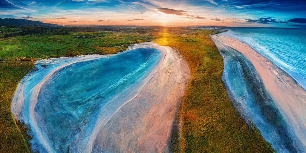 Image similar to a beach between two valley, sun set, digital art, highly detailed, drone wide shot