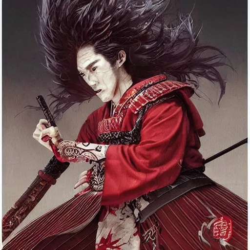 Prompt: an epic portrait of insane samurai wielding a spear, magical aura of insanity, intricate hakama, poofy red wig, eerie, highly detailed, dark fantasy, art by artgerm and greg rutkowski