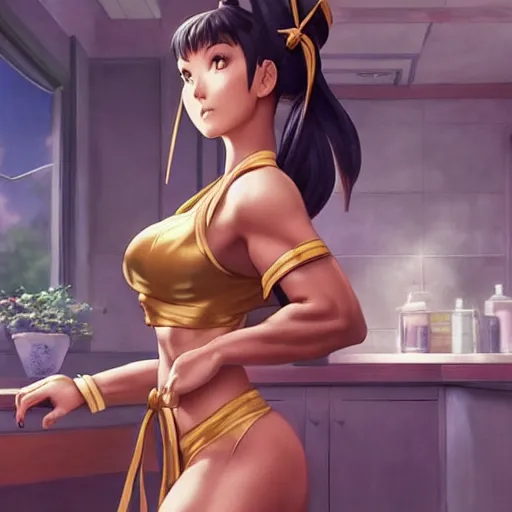 Prompt: chun li wearing a closed bathrobe!!! standing in the kitchen cooking!!!, beautiful face!!!!, 2 7 years old, cg animation, lifelike, animated, realistic, by artgerm, greg rutkowski, 3 d