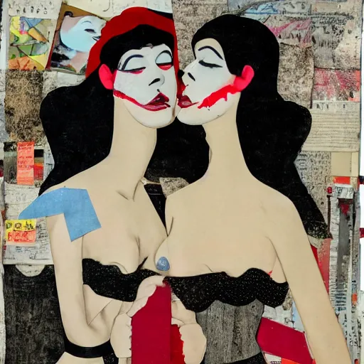 Image similar to two women kissing at a carnival, mixed media collage, retro, paper collage, magazine collage, acrylic paint splatters, bauhaus, claymation, layered paper art, sapphic visual poetry expressing the utmost of desires by junji ito