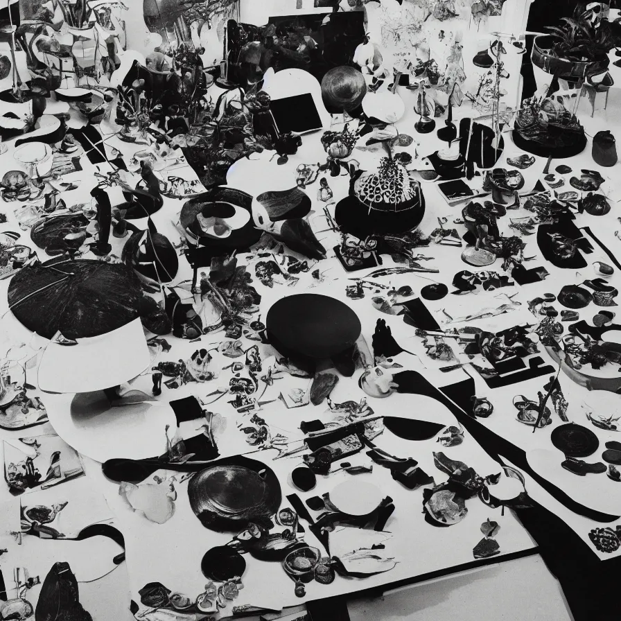 Image similar to A black and white photography of an exhibition space with objects of Sun Ra, Marcel Duchamp and tropical plants, 60s, offset lithography print, close up shot