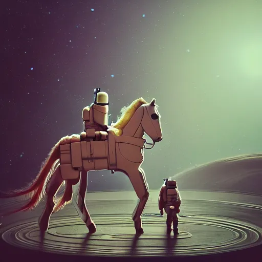 Image similar to photography of anthropomorphic horse men riding an astronaut back. from western by hiroyuki okiura and katsuhiro otomo and alejandro hodorovski style with many details by mike winkelmann and vincent di fate in sci - fi style. volumetric natural light photo on dsmc 3 system,