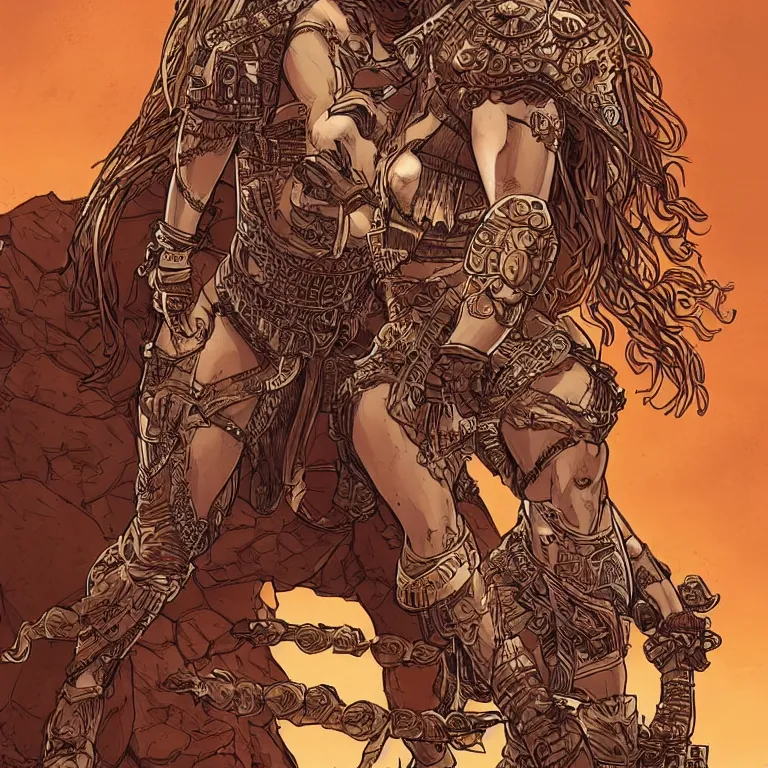 Image similar to scarlett johannson as an amazon warrior, a tall beautiful woman with brown skin and long hair, dressed in hellenistic body armour, intricate, elegant, highly detailed, smooth, sharp focus, detailed face, high contrast, graphic novel, art by laurie greasley