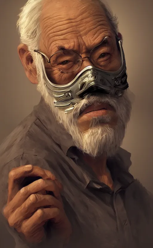 Image similar to old man doing with mask, do what we can, then leave it to god, non fiction, baroque, confident, consistency, stability, cohesion, elegant, highly detailed, 8 k uhd, digital painting, artstation, concept art, matte, sharp focus, illustration, art by artgerm and paul lung and samuel silva