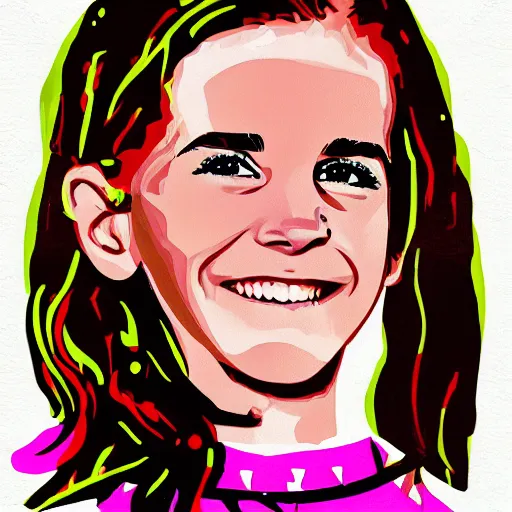 Image similar to rainbow smiling emma watson age 1 4 as hermione. pop art.