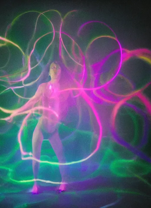 Prompt: a symmetrical female ascending astral projection, liquid glowing aura, motion blur, long exposure, film grain, cinematic lighting, experimental film, shot on 1 6 mm