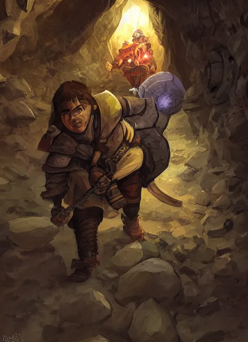 Image similar to A fantasy comic book roleplaying game style portrait painting of a halfling rogue sneaking in a cavern, DAZ, hyperrealistic, ambient light, dynamic light