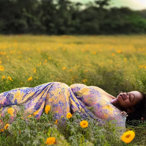 Image similar to pregnant east african woman with curly hair in a vast field of flowers, laying down, looking into the distance, with a tiny black puppy running around the field, golden hour, vintage, impressionist painting, fine art, oil painting, dreamy, pastel, laughing, happy, intricate details, sharp, peaceful, serene