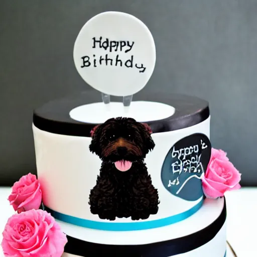 Prompt: black goldendoodle birthday cake,