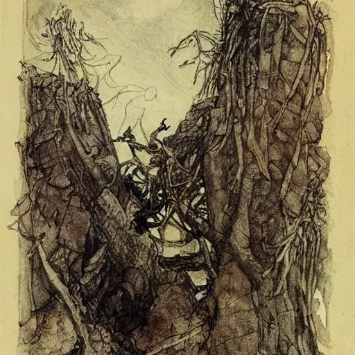 Image similar to Things fall apart the centre cannot hold mere anarchy is loosed upon the world, painted by Arthur Rackham