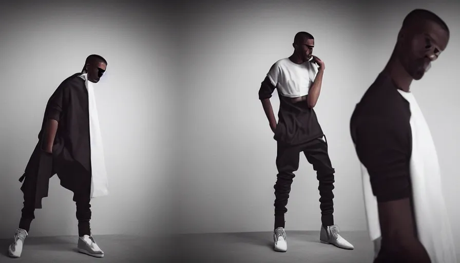 Image similar to high quality studio photo shoot of a male model modelling yeezy inspired futuristic hoddle mockup, final product shot, studio lighting, all round angle. trending on futuristic fashion instagram.