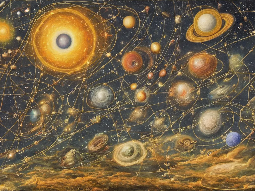 Prompt: the entire history of the Universe in all 4 dimensions depicted as a painting in a museum