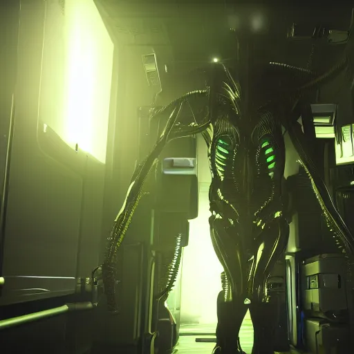 Image similar to anthropomorphic cyborg working in sci - fi server room. cinematic shot from alien isolation