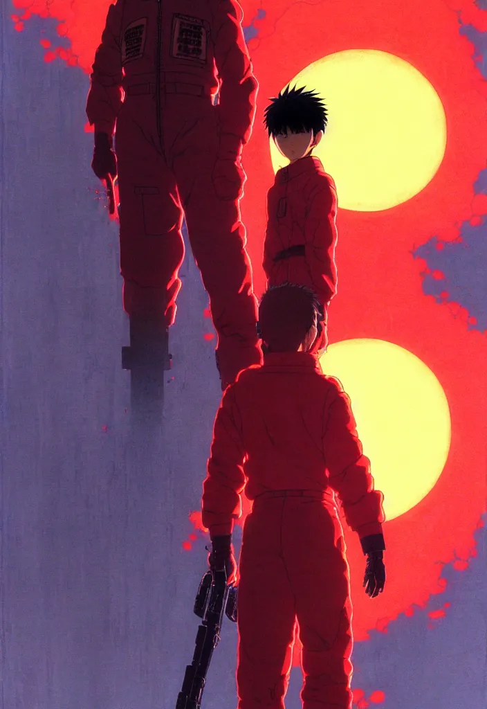 Image similar to detailed anime character portrait of kaneda from akira by katsuhiro otomo, silhouetted by a burning sun in neo - tokyo | anime, matte painting, dystopian megacity neo - tokyo, perfect, fine details, realistic, shaded, lighting, akira, artgerm, jeremy lipkin and michael garmash and rob rey