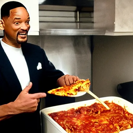 Prompt: will smith slapping a lasagna