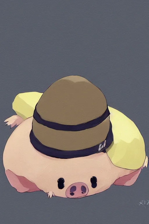 Image similar to adorable anime pig wearing a cute hat, young, clear clean face, Ilya kushinov, by Makoto Shinkai, Studio Ghibli, Miyazaki, Kyoto Animation, digital 2D, painterly style, gouache illustration, high contrast, cute, kawaii, chibi, golden ratio, rule of thirds