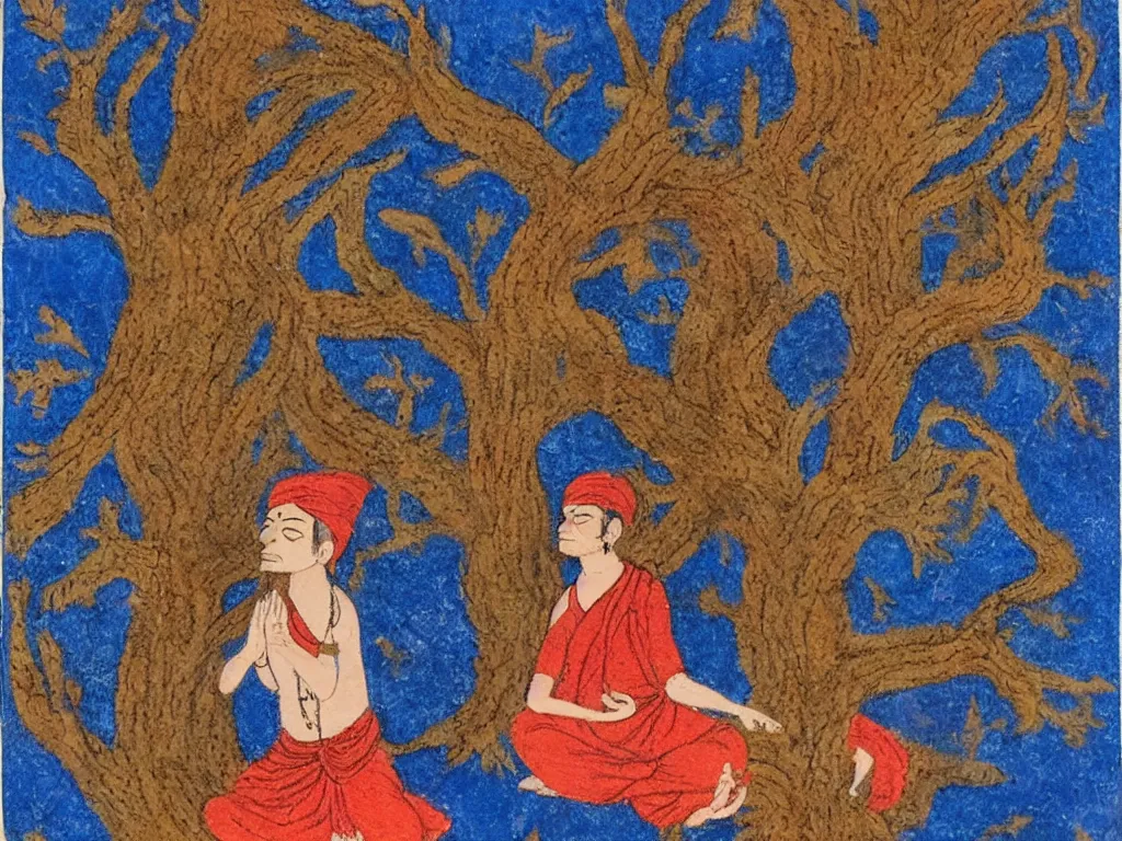 Prompt: Mystic, yogi, in trance, meditating under a tree. Indian, Pahari miniature, colorful, red, deep blue.