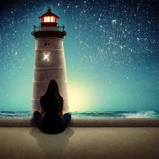 Prompt: gothic. woman sitting on wall looking at the ocean. lighthouse. stars. fireflies.