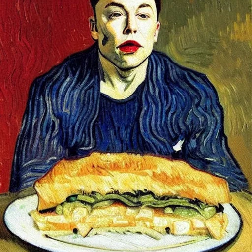 Image similar to a beautiful oil painting of elon musk eating a panini, 8k , award winning , made in 1800's , old , painted by vincent van gogh