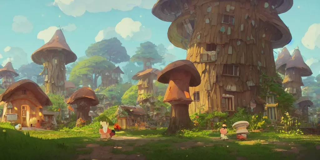 Prompt: small village made of mushroom houses by cory loftis & akihiko yoshida & james gilleard & atey ghailan & makoto shinkai & goro fujita & studio ghibli, rim light, exquisite lighting, clear focus, very coherent, plain background, soft painting, photorealistic, unreal engine 5, 4 k