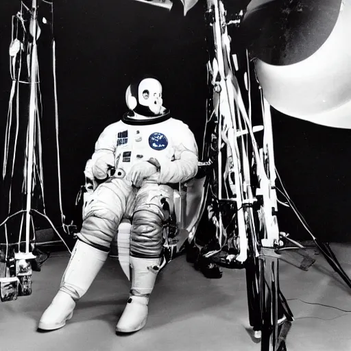 Prompt: stanley kubrick on the set of a movie about the moon landing