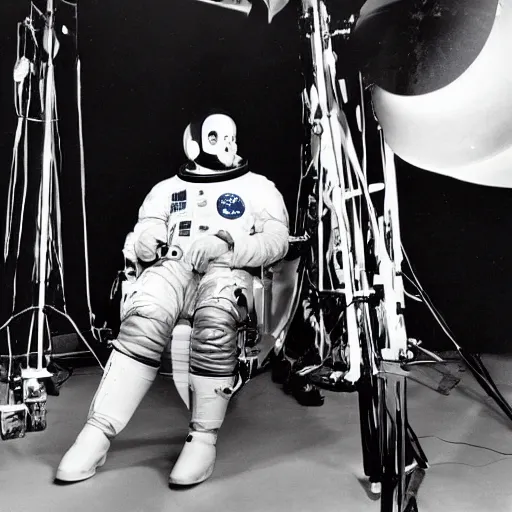 Image similar to stanley kubrick on the set of a movie about the moon landing