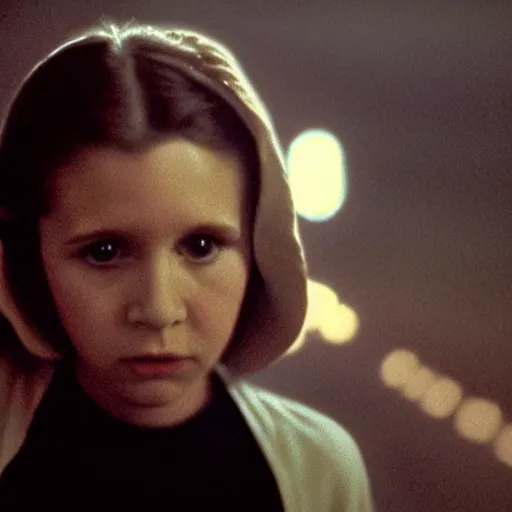 Image similar to film still of carrie fisher as a kid in new star wars movie, dramatic lighting, highly detailed face, kodak film, wide angle shot,