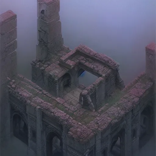 Image similar to an ancient ruin in style of Zdislaw Beksinski, ArtStation, Deviantart HD screenshot