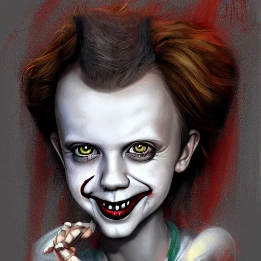 Image similar to surrealism grunge cartoon portrait sketch of millie bobby brown with a wide smile by - michael karcz, loony toons style, pennywise style, horror theme, detailed, elegant, intricate