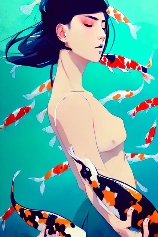 Image similar to a ultradetailed beautiful portrait panting of a stylish woman surrounded by floating koi fish, by conrad roset, greg rutkowski and makoto shinkai, trending on artstation