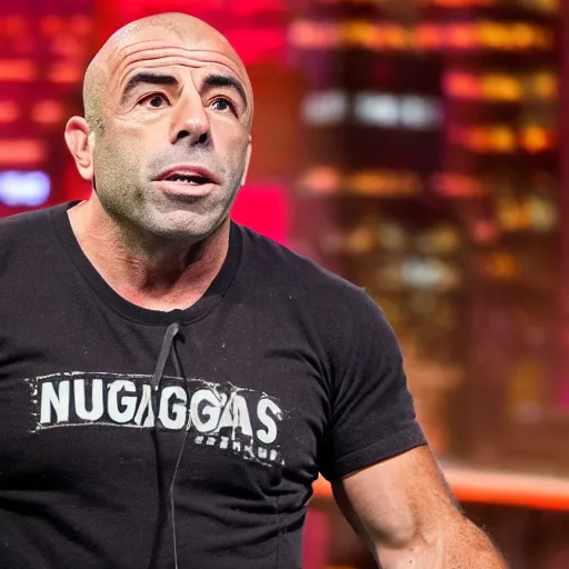 Prompt: Joe Rogan spurting fake news from his meatbits