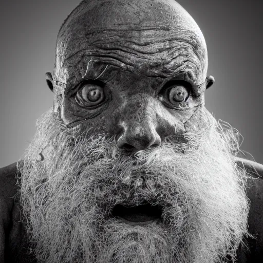 Image similar to a black and white portrait photo of an old cyclop man, very detailed, high contrast