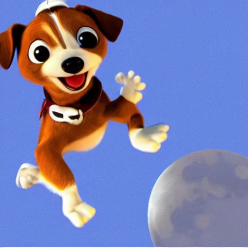 Prompt: cute pixar jack russel terrier, jumping over the smiling moon, concept art, pixar, disney studios, dreamworks animation