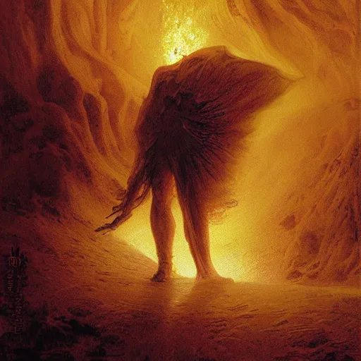 Prompt: ifrit the desert djin emerging from a sandstorm by greg rutkowski and gustave dore, oil on canvas