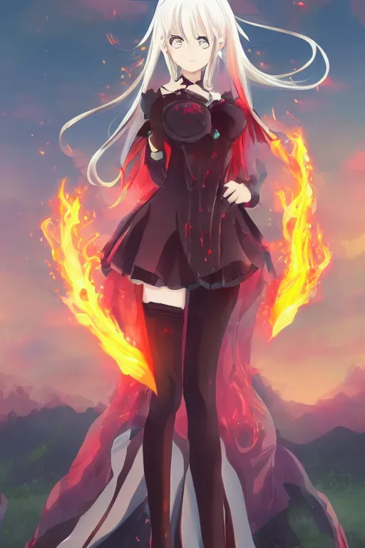 Image similar to a anime of beautiful full body concept art, ultra beautiful face, queen of hell wearing full fire clothing standing in a field, pixiv fanbox