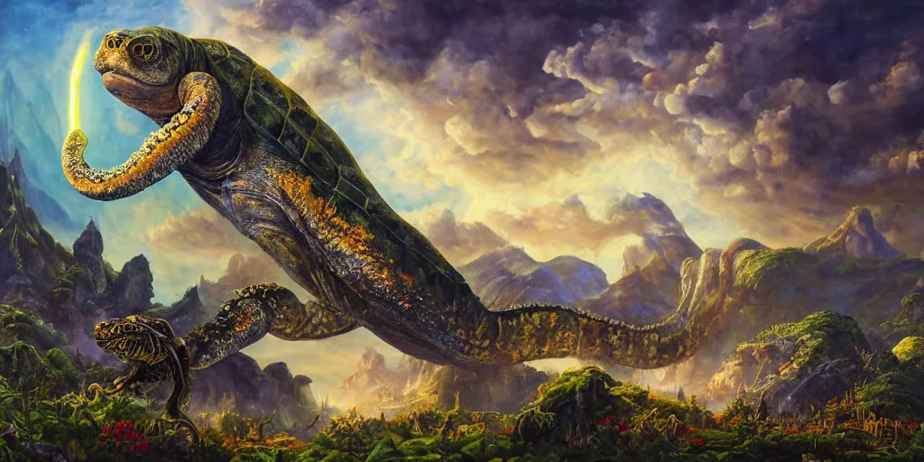 Image similar to fantasy oil painting, great leviathan, cybernetic turtle cephalopod terrapin reptilian pachyderm squid, bella hadid, hybrid, milla jovovich, anubis, epic natural light, lush plants flowers, spectacular mountains, bright clouds, luminous sky, outer worlds, golden hour, michael cheval, edward hopper, michael whelan, vray, hd