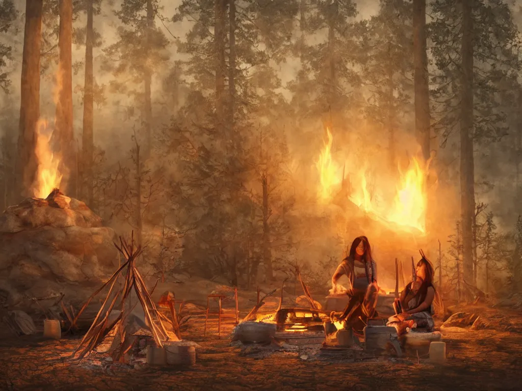 Prompt: native american woman cooking on the camp fire, night, smoke, stars on the sky, tepees in the background, eanger irving couse style, muted colors, brush strokes, 3 d octane render, cinematic lighting, hyper realistic, volumetric light, atmospheric, mysterious, mystical