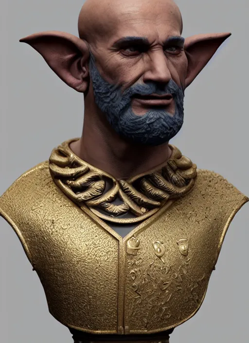 Image similar to bust of sheikh mohammad ruler of dubai, drak fantasy goblin, head and torso only, cinematic lighting, studio quality, smooth render, unreal engine 5 rendered, octane rendered, art style by klimt and nixeu and ian sprigger and wlop and krenz cushart.