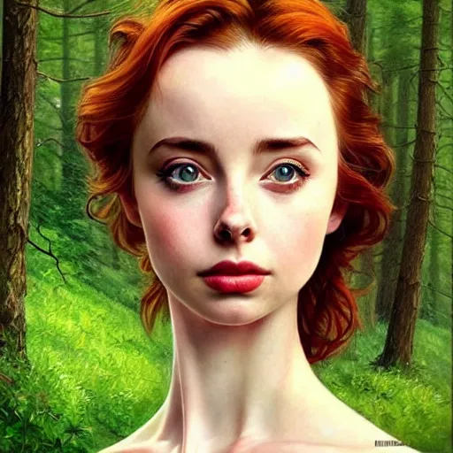 Prompt: gorgeous Kacey Rohl, realistic character concept, red hair, symmetrical face, symmetrical eyes, green dress, forest, trees, shorter neck, cinematic lighting, artgerm, Norman Rockwell, insanely detailed and intricate, beautiful