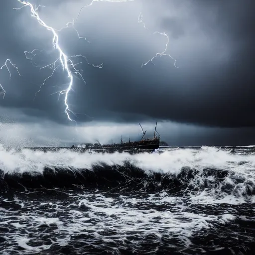 Image similar to Stormy sea, big waves, rain, lightning, gray clouds, old wooden ship, giant tentacles rising from water, Canon EOS R3, f/1.4, ISO 200, 1/160s, 8K, RAW, unedited, symmetrical balance, in-frame.