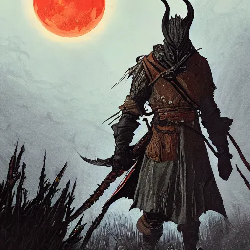 Image similar to an ultra detailed vector image of solaire of astora dressed as the hunter from bloodborne, concept art by alphonse mucha and greg rutkowski, scary shadows, blood moon eclipse, octane render, liminal space